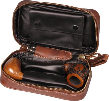 Pfeifentasche Leder braun antik Flechtdesign/&Uuml;berschlag 2er