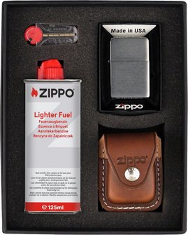 ZIPPO cr.geb. im Set mit ZIPPO Ledertasche braun/Clip