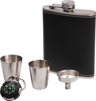 Flachmann-Set chrom Lederoptik schwarz 7oz/210ml