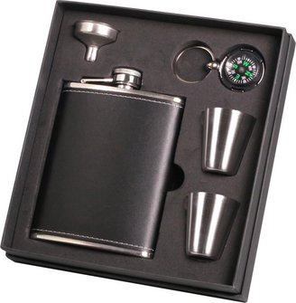 Flachmann-Set chrom Lederoptik schwarz 7oz/210ml