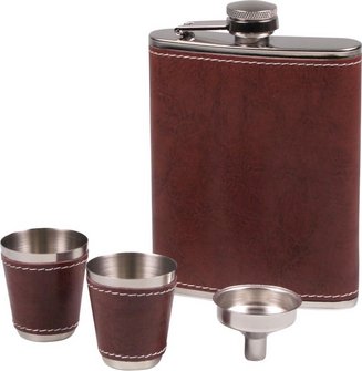 Flachmann-Set chrom Lederoptik braun 7oz/210ml