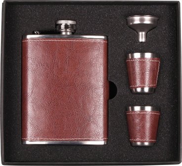 Flachmann-Set chrom Lederoptik braun 7oz/210ml