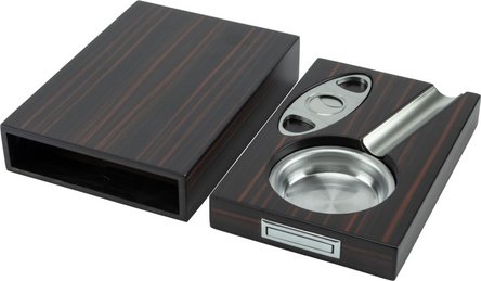 Zigarren-Set Ebony Finish  mit Ascher und Cutter, in Holzbox