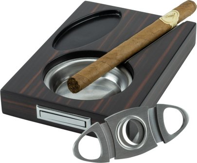 Zigarren-Set Ebony Finish  mit Ascher und Cutter, in Holzbox