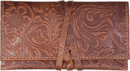 Drehertasche Leder braun/beige Steppung Flowerprint 16cm