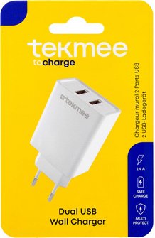 Tekmee Steckdosenadapter wei&szlig; 220V auf USB 2,4 A