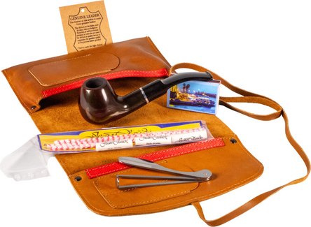 Pfeifen-Einsteigerset gebogen Rollbeutel Leder braun antik