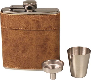 Flachmann-Set Edelst. braun antik Holz-Geschenkbox 6oz/180ml