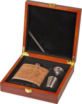 Hip flask set s/s brown antique in wooden gift box 6oz/180ml