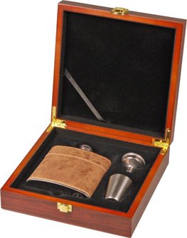 Flachmann-Set Edelst. braun antik Holz-Geschenkbox 6oz/180ml