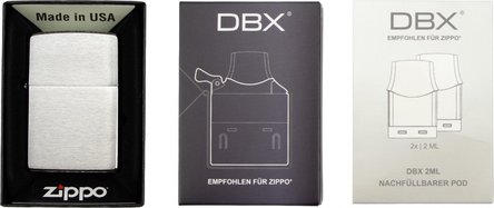 ZIPPO chrom geb&uuml;rstet mit Vape-Einsatz und zwei Pods