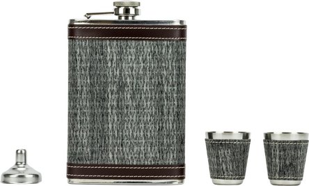 Flachmann-Set Edelst. grau antik Holz-Geschenkbox 8oz/240ml