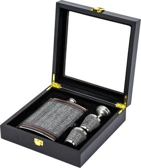 Flachmann-Set Edelst. grau antik Holz-Geschenkbox 8oz/240ml