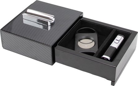 Zigarrenascher Carbon Finish hi-gloss m. Cutter u.Feuerzeug
