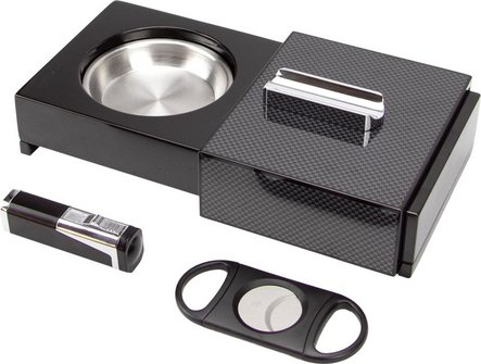 Zigarrenascher Carbon Finish hi-gloss m. Cutter u.Feuerzeug