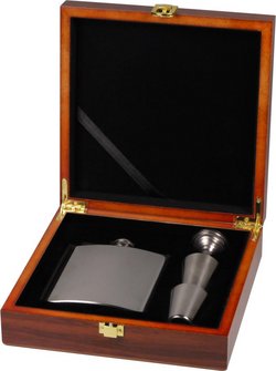 Flachmann-Set Edelstahl poliert in Holz-Geschenkbox  6oz/180
