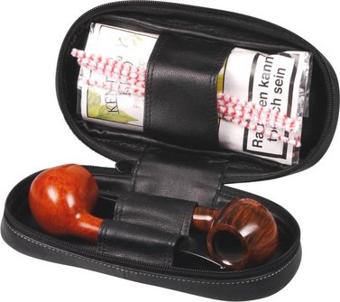 Pfeifentasche Leder schwarz/Metallemblem 2er